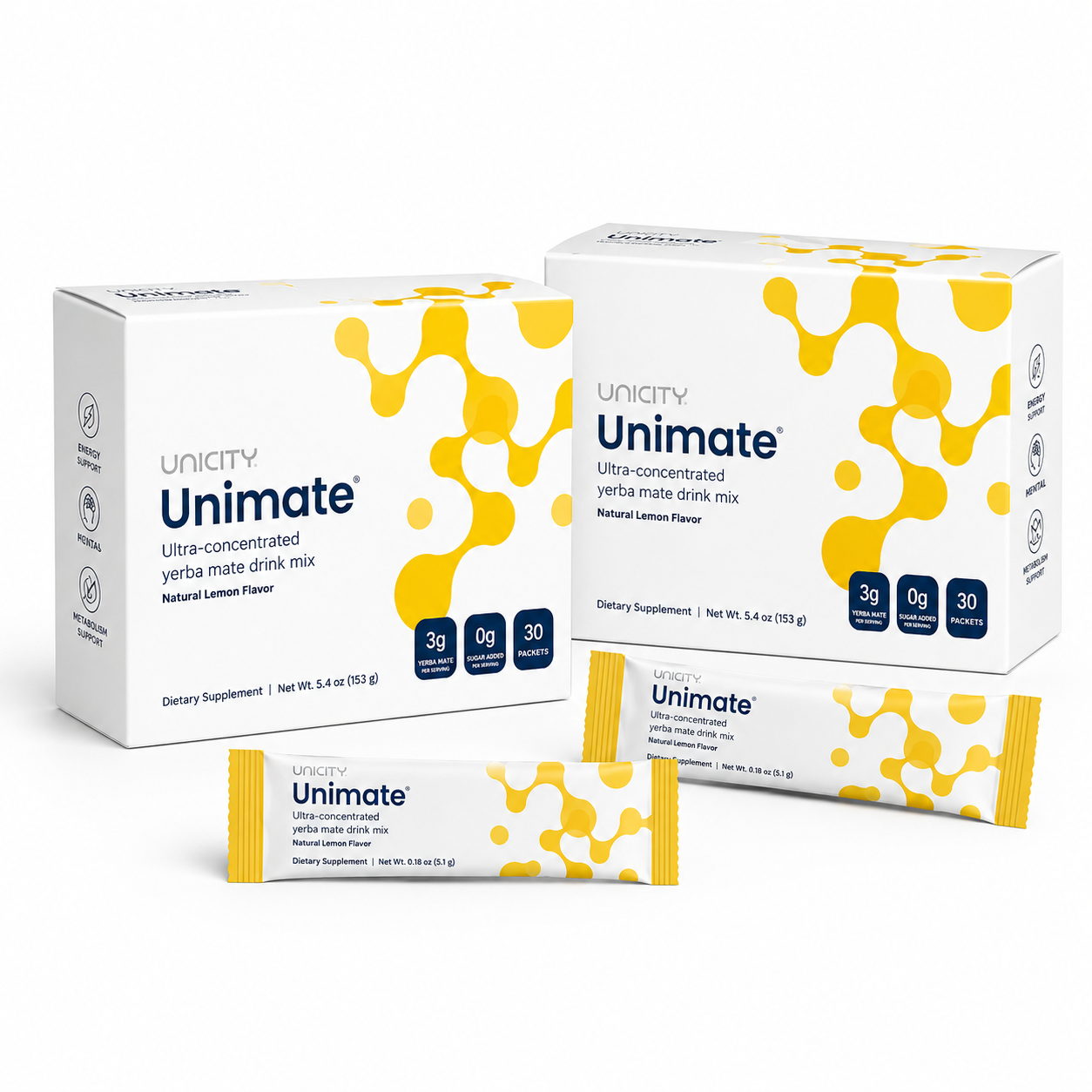Unicity Unimate® Ultra-Concentrated Yerba Mate Drink Mix – Natural Lemon Flavor | 30 Stick Packs
