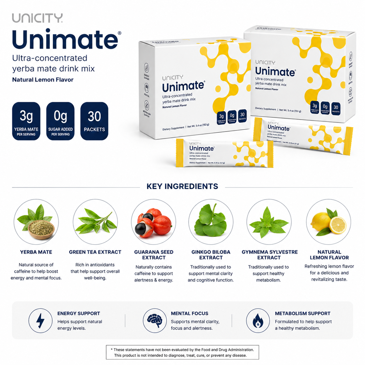 Unicity Unimate® Ultra-Concentrated Yerba Mate Drink Mix – Natural Lemon Flavor | 30 Stick Packs