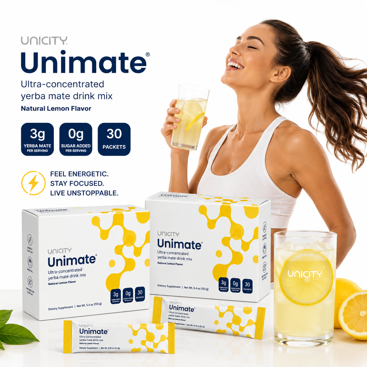 Unicity Unimate® Ultra-Concentrated Yerba Mate Drink Mix – Natural Lemon Flavor | 30 Stick Packs