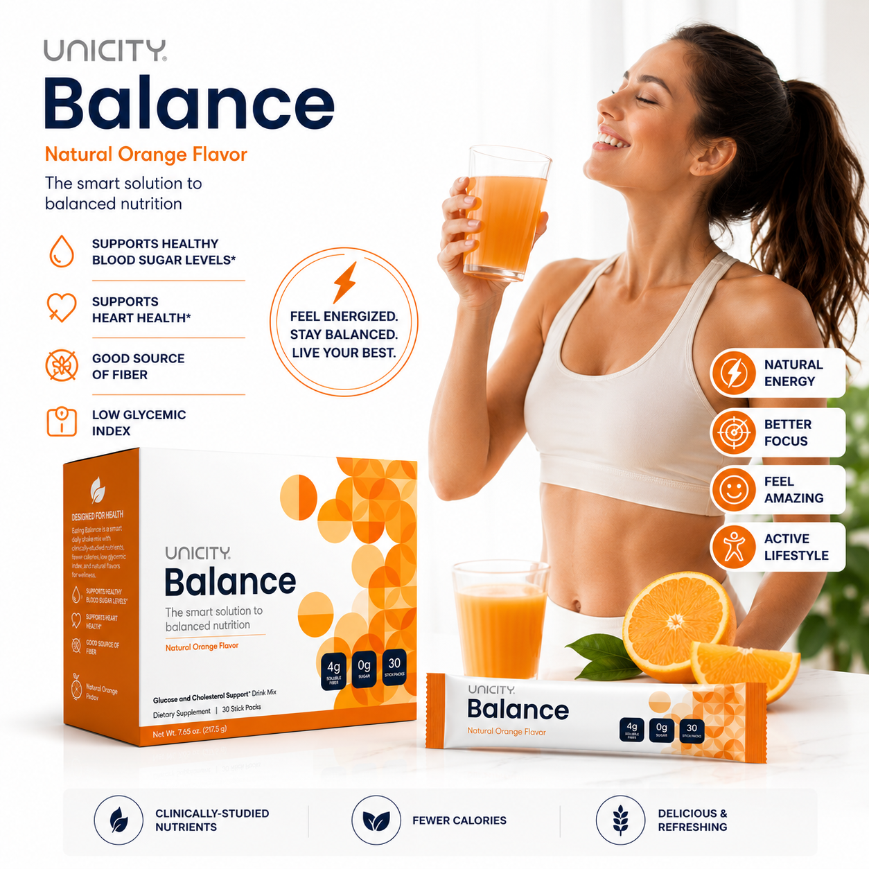 Unicity Balance Natural Orange Flavor Dietary Supplement Drink Mix – 30 Stick Packs